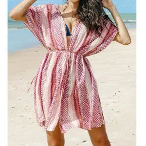 White Pink Purple Geometric Print V Neck Swim Coverup Kimono Size Small